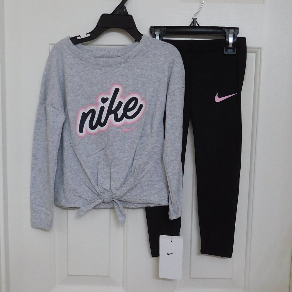 NWT 2pc Nike Gray Pink Black Heart Logo Tie Waist Top & Leggings Set sz 4